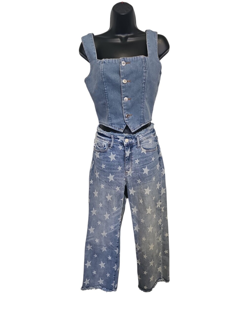 Judy Blue Star Print Cropped Straight Leg Jeans Raw Frayed Hem Size 3 / 26 EUC